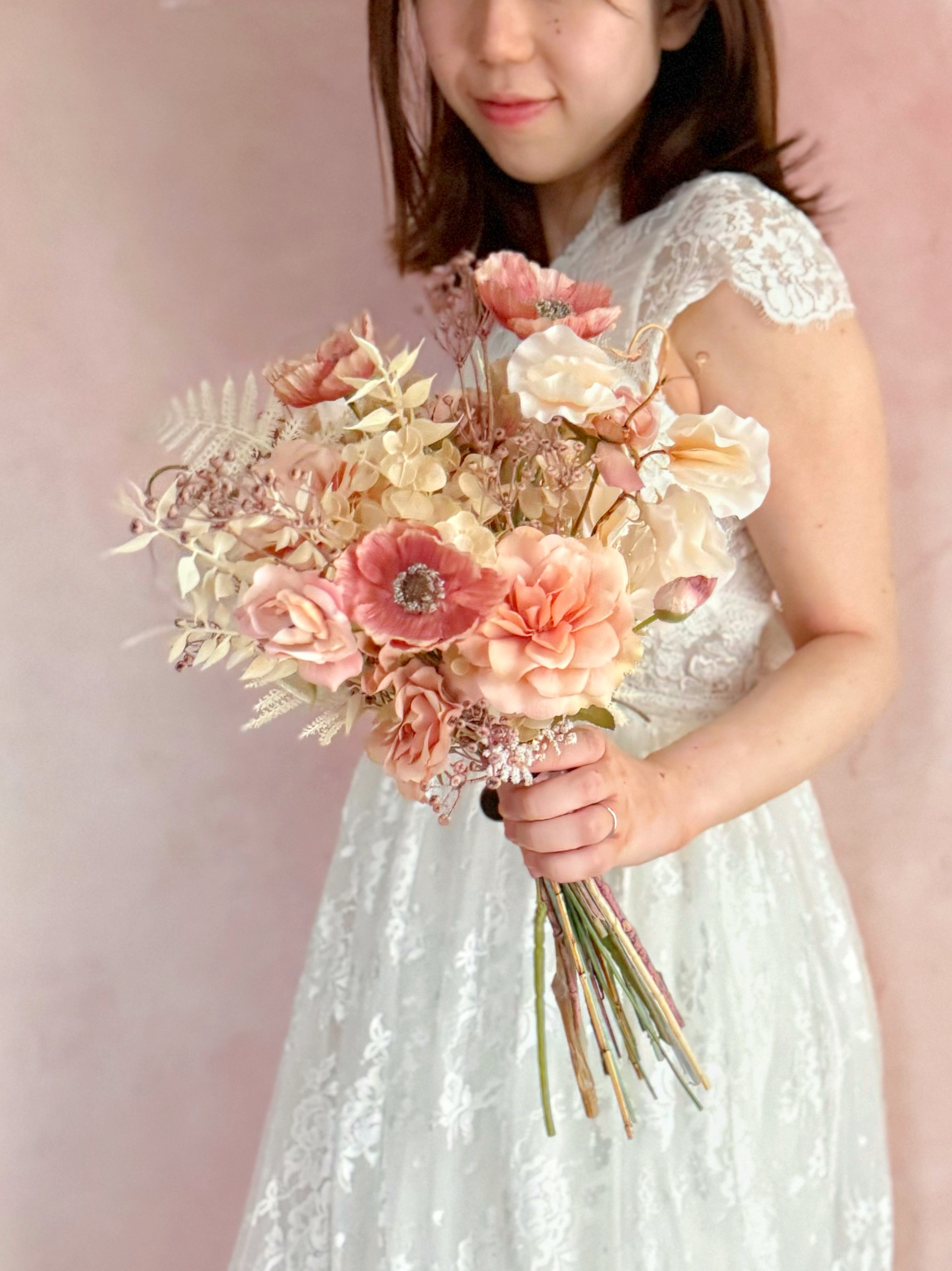再販×5！！即納OK！！アンティーク風ピンクウェディングブーケ　アーティフィシャルフラワー