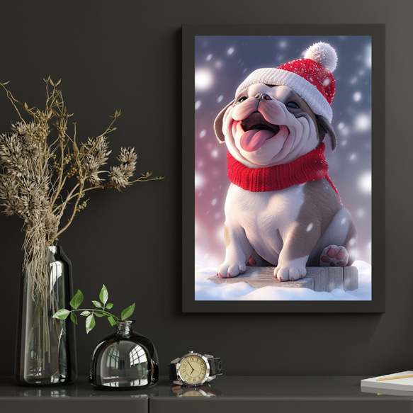 【クリスマスの朝 - ブルドッグ犬の子犬 No.1】A2アートポスター 犬の絵 犬の絵画 犬のイラスト 8枚目の画像