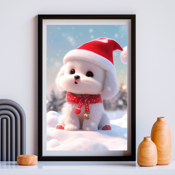 【クリスマスの朝 - マルチーズ犬の子犬 No.1】A2アートポスター 犬の絵 犬の絵画 犬のイラスト 9枚目の画像