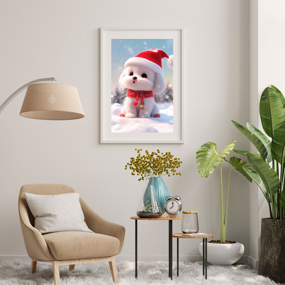 【クリスマスの朝 - マルチーズ犬の子犬 No.1】A2アートポスター 犬の絵 犬の絵画 犬のイラスト 7枚目の画像