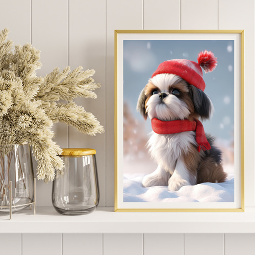 クリスマスの朝 - シーズー犬の子犬 No.1】A2アートポスター 犬の絵 犬