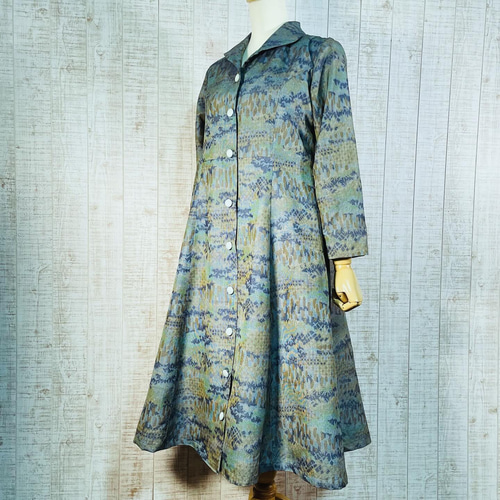 風景柄正絹大島紬でショールカラープリンセスラインフレアーワンピース  