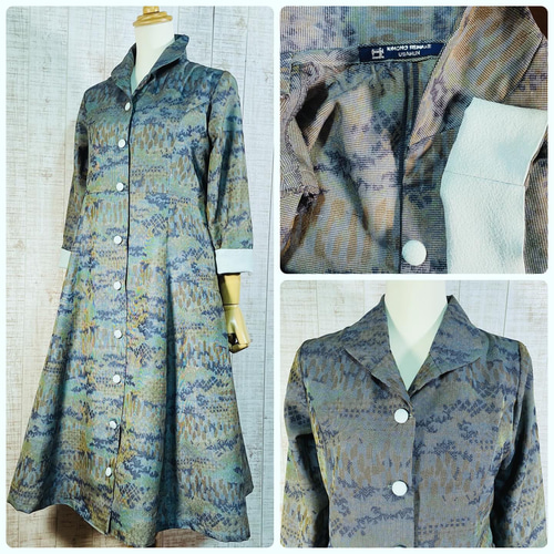 風景柄正絹大島紬でショールカラープリンセスラインフレアーワンピース  