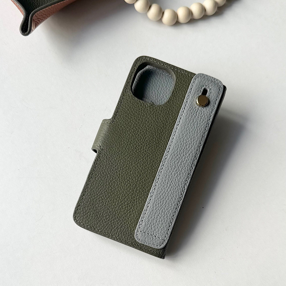 手帳型iphoneケース　本革　名入れ可　カード収納　ハンドベルト付き Darkgreen+grey