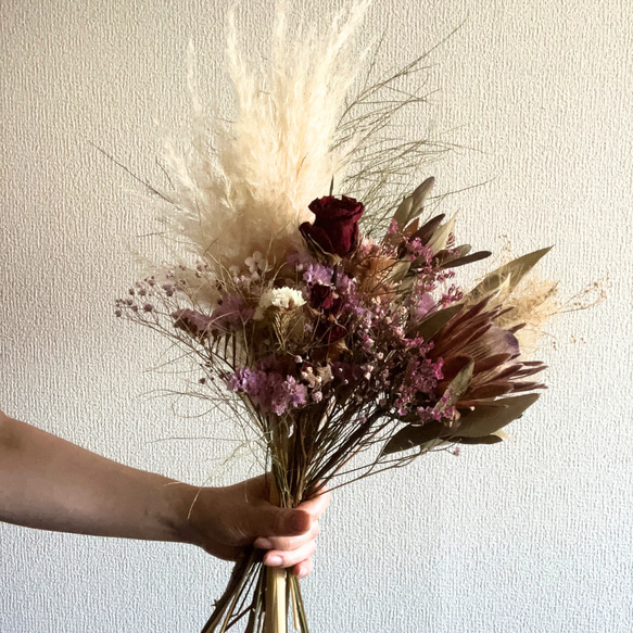 ドライフラワーブーケ スワッグ 花束 レッド系 パンパスグラス