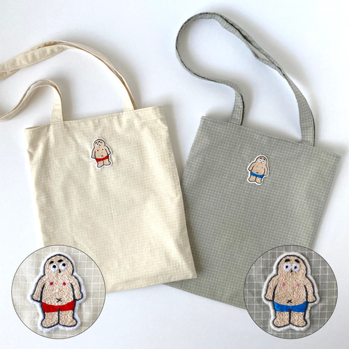 手刺繍 】肩掛け フラット トート バッグ (おじさん) / 軽量 / サブ