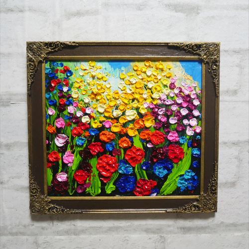 原画】油絵「colorful flower garden」色紙/ 鮮やかな花畑の風景画