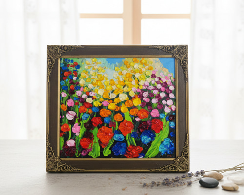 原画】油絵「colorful flower garden」色紙/ 鮮やかな花畑の風景画