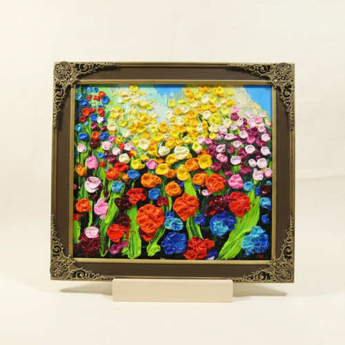 原画】油絵「colorful flower garden」色紙/ 鮮やかな花畑の風景画