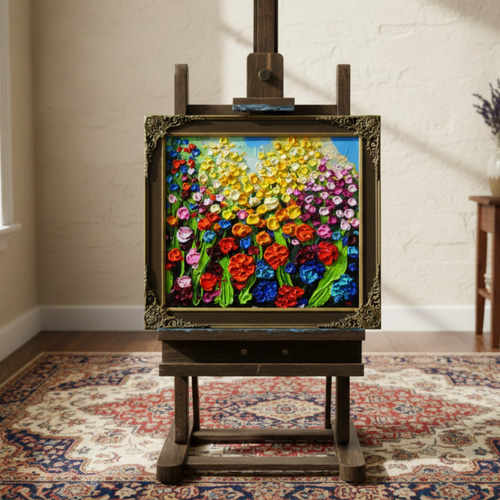 原画】油絵「colorful flower garden」色紙/ 鮮やかな花畑の風景画