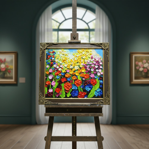 原画】油絵「colorful flower garden」色紙/ 鮮やかな花畑の風景画