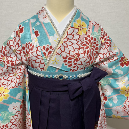 卒業式 袴セット 2尺袖の着物 長襦袢 袴 半巾帯 重ね衿 帯飾り 計6点 