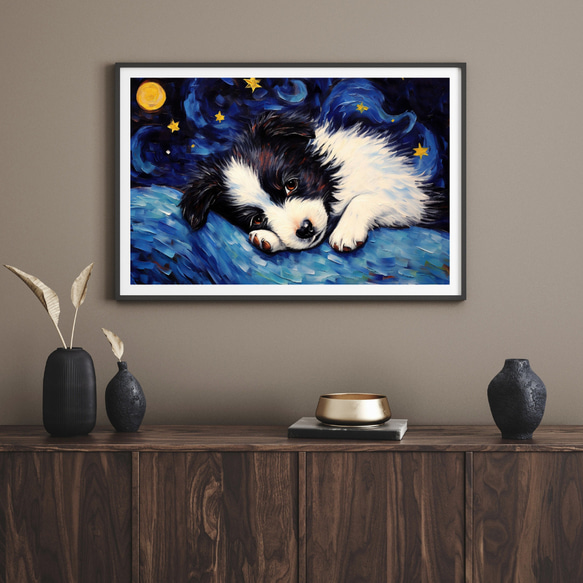 【星降る夜 - ボーダーコリー犬の子犬 No.2】A2アートポスター 犬の絵 犬の絵画 犬のイラスト 8枚目の画像