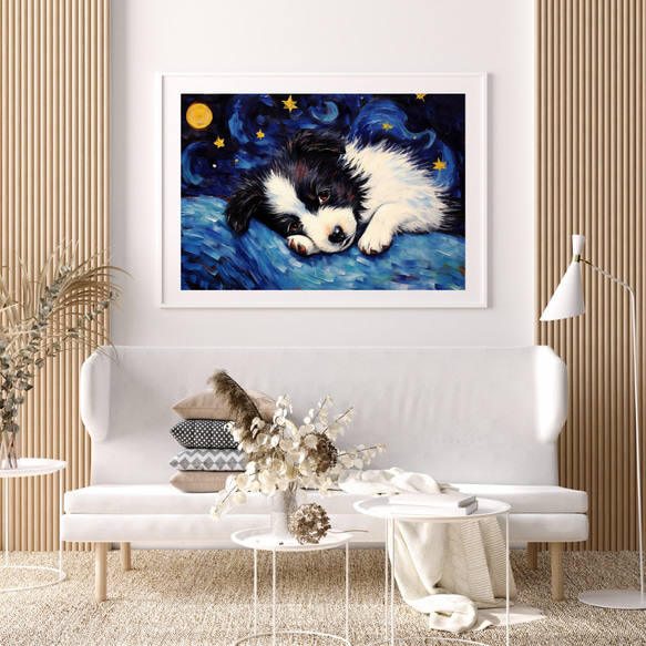 【星降る夜 - ボーダーコリー犬の子犬 No.2】A2アートポスター 犬の絵 犬の絵画 犬のイラスト 7枚目の画像
