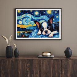 【星降る夜 - ボストンテリア犬の子犬 No.３】A2アートポスター 犬の絵 犬の絵画 犬のイラスト 8枚目の画像