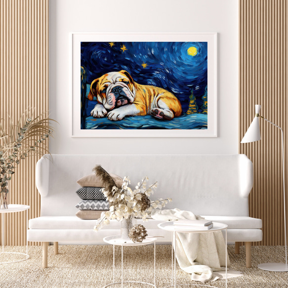 【星降る夜 - ブルドッグ犬の子犬 No.２】A2アートポスター 犬の絵 犬の絵画 犬のイラスト 7枚目の画像