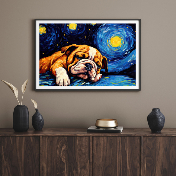 【星降る夜 - ブルドッグ犬の子犬 No.３】A2アートポスター 犬の絵 犬の絵画 犬のイラスト 8枚目の画像