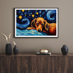【星降る夜 - ダックスフンド犬の子犬 No.1】A2アートポスター 犬の絵 犬の絵画 犬のイラスト 8枚目の画像