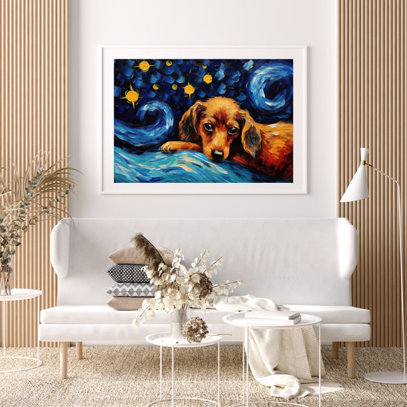 【星降る夜 - ダックスフンド犬の子犬 No.1】A2アートポスター 犬の絵 犬の絵画 犬のイラスト 7枚目の画像