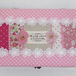 送料無料 裁縫箱 / ソーイングセット ♪ ピンク ボーダーフラワーレース 約 22 × 15 cm 2枚目の画像