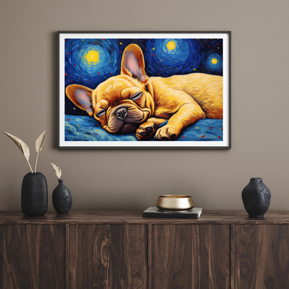 【星降る夜 - フレンチブルドッグ犬の子犬 No.1】A2アートポスター 犬の絵 犬の絵画 犬のイラスト 8枚目の画像