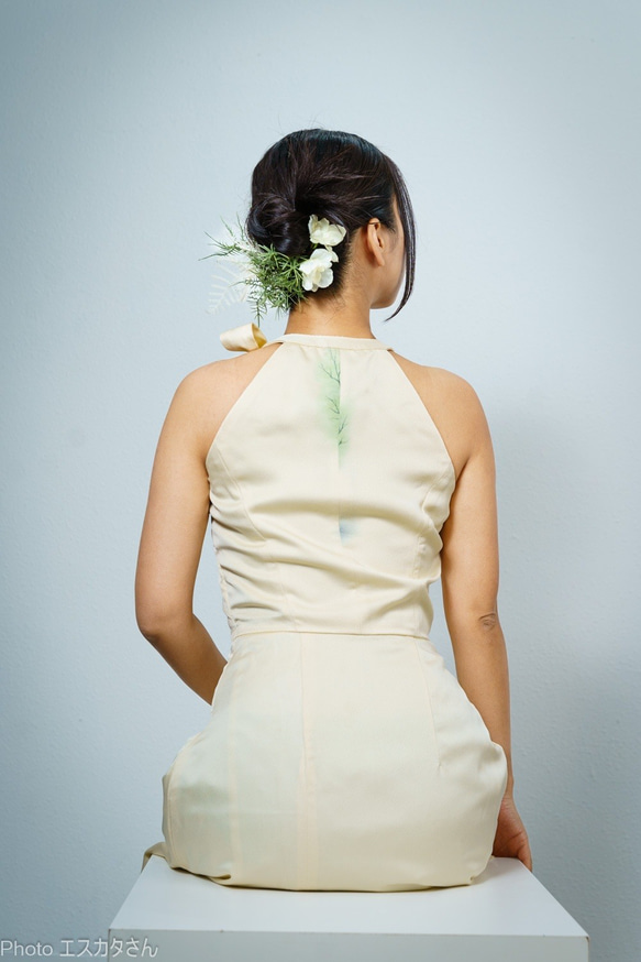パステルイエローアメリカンネック　着物リメイクシルクロングドレス 10枚目の画像