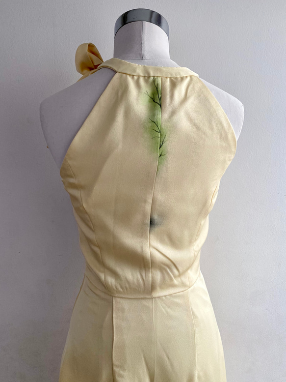 パステルイエローアメリカンネック　着物リメイクシルクロングドレス 6枚目の画像
