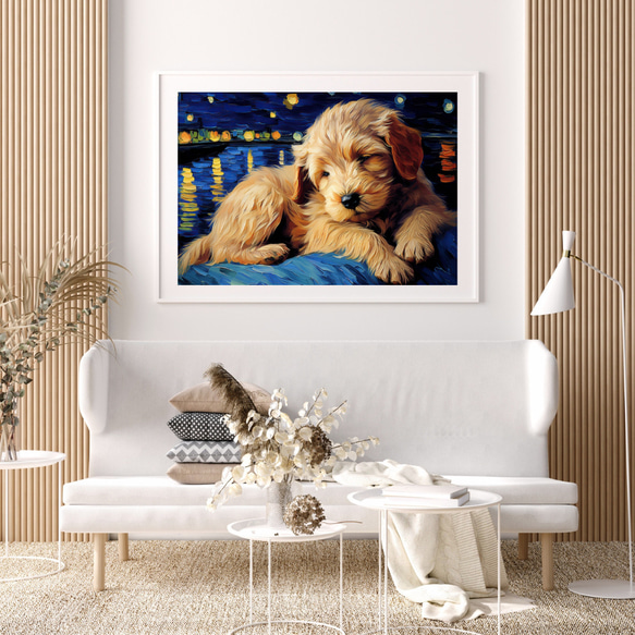 【星降る夜 - ゴールデンドゥードル犬の子犬 No.3】A2アートポスター 犬の絵 犬の絵画 犬のイラスト 7枚目の画像