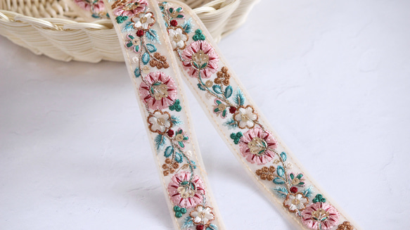 インド刺繍リボン No.14【オールドピンク】 インド刺繍/刺繍