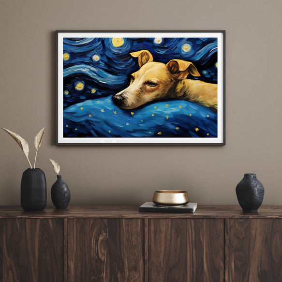 【星降る夜 - イタリアングレーハウンド犬の子犬 No.2】A2アートポスター 犬の絵 犬の絵画 犬のイラスト 8枚目の画像