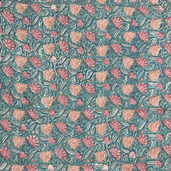 【50cm単位】くすみブルーピンクベージュフラワー　インド　ハンドブロックプリント生地  コットン 4枚目の画像