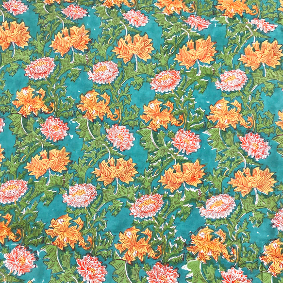 【50cm單位】藍綠色黃橙花印度手工塊印花布料棉質 第3張的照片