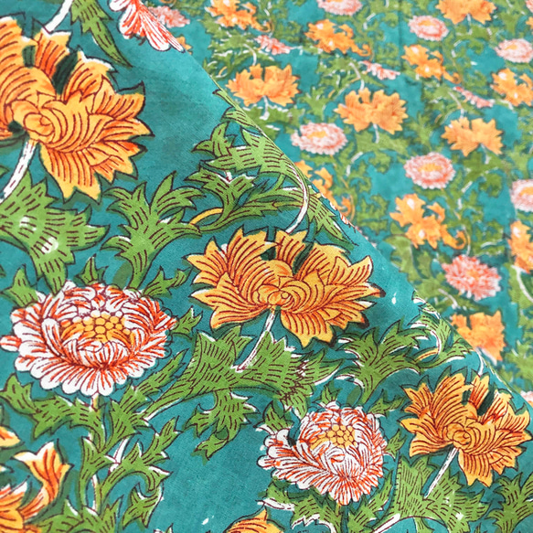 【50cm單位】藍綠色黃橙花印度手工塊印花布料棉質 第5張的照片