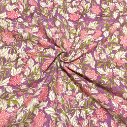 【50cm單位】紫粉花灰白葉印度手工塊印花布料棉 第1張的照片