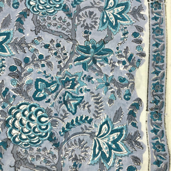【50cm單位】暗灰色藍色花朵帶一耳邊框印度手工塊印花布料棉質 第1張的照片