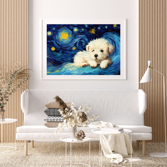 【星降る夜 - マルチーズ犬の子犬 No.2】A2アートポスター 犬の絵 犬の絵画 犬のイラスト 7枚目の画像
