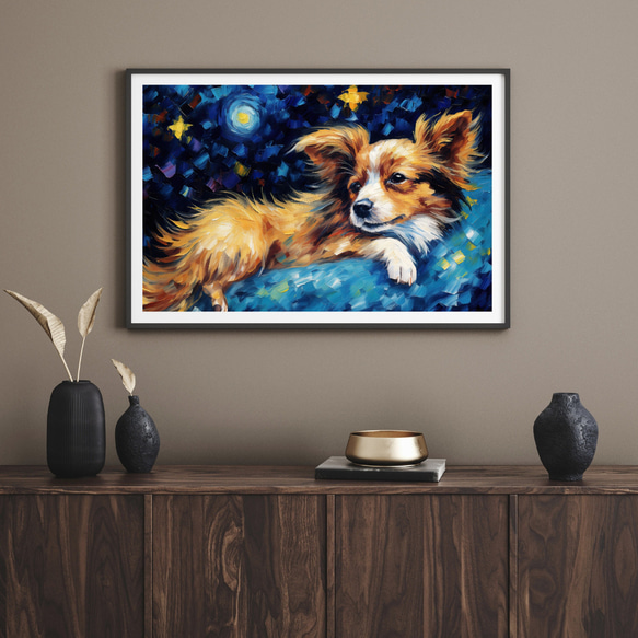 【星降る夜 - パピヨン犬の子犬 No.1】A2アートポスター 犬の絵 犬の絵画 犬のイラスト 8枚目の画像