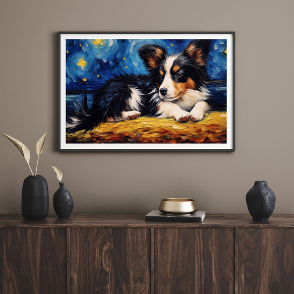 【星降る夜 - パピヨン犬の子犬 No.2】A2アートポスター 犬の絵 犬の絵画 犬のイラスト 8枚目の画像