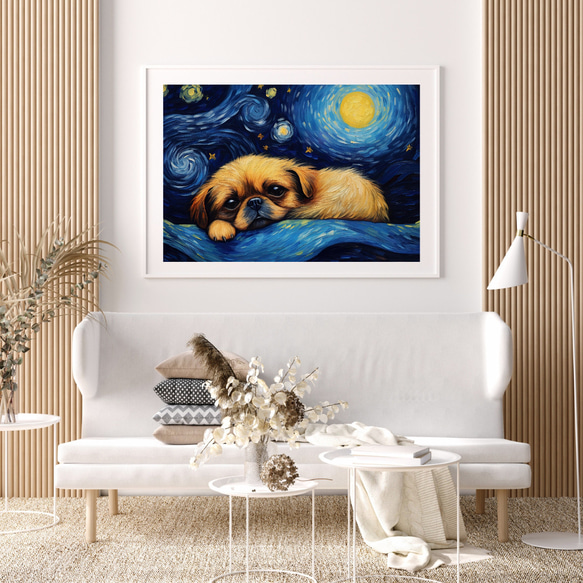 【星降る夜 - ペキニーズ犬の子犬 No.1】A2アートポスター 犬の絵 犬の絵画 犬のイラスト 7枚目の画像