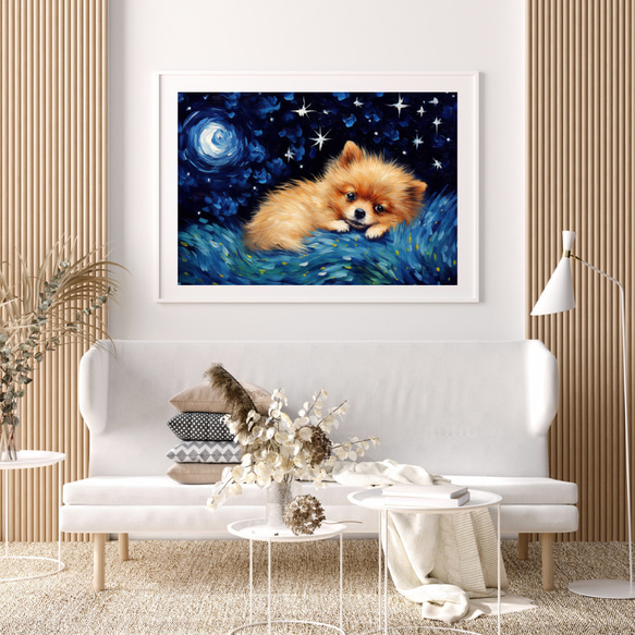 【星降る夜 - ポメラニアン犬の子犬 No.1】A2アートポスター 犬の絵 犬の絵画 犬のイラスト 7枚目の画像