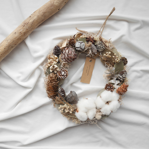 sale 綿花と木の実のリース ホワイトコットンと木の実のリース/冬のリース/コットンリース/リース
