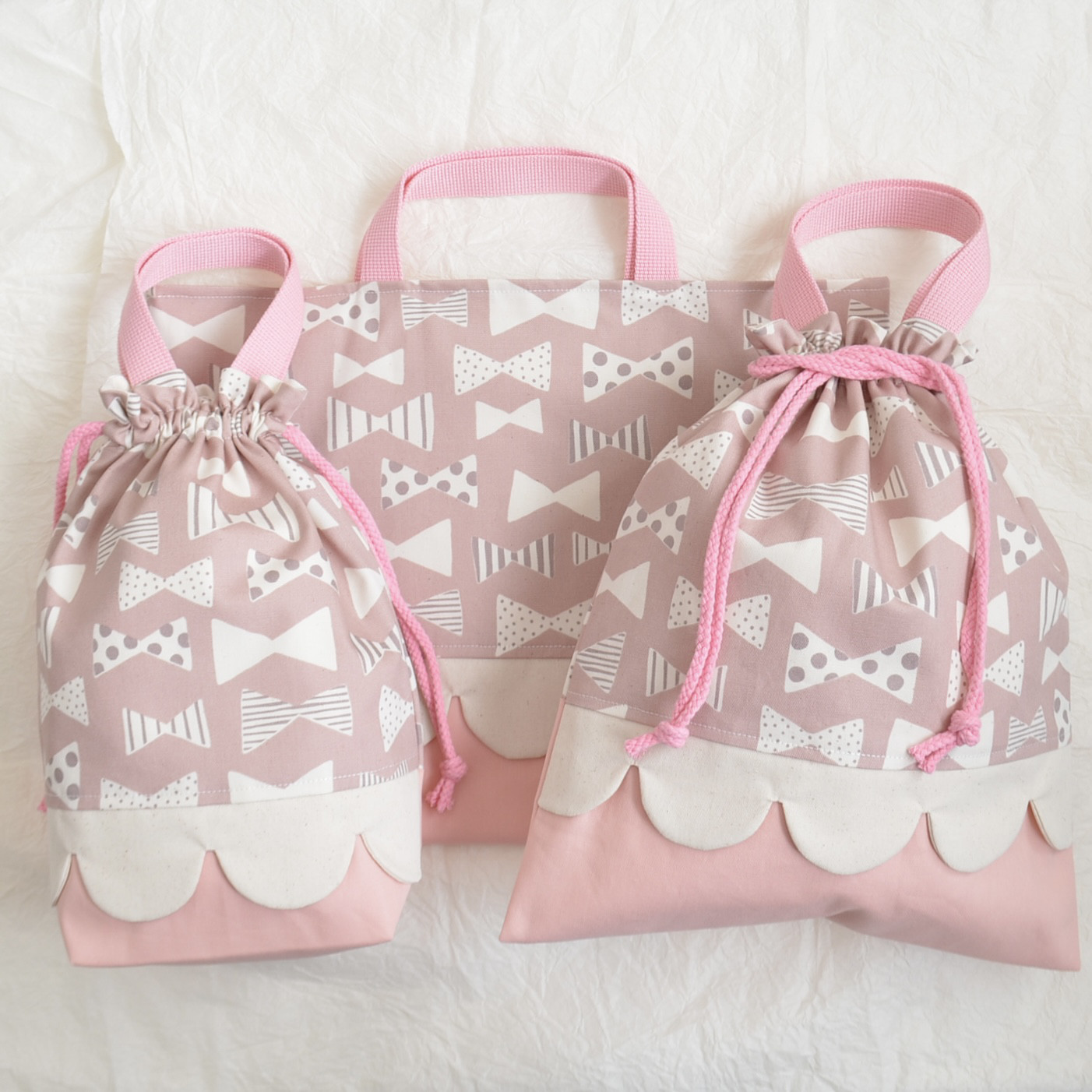 【受注制作】入園・入学準備　3点セット　ピンク　北欧調　リボン柄　フリル　サイズオーダー可