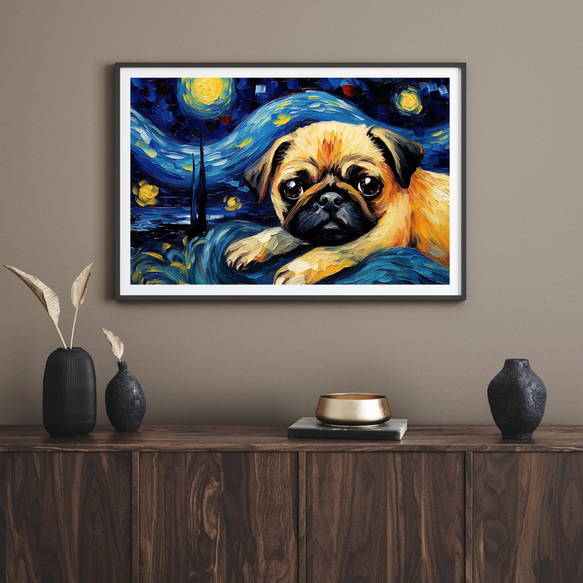 【星降る夜 - パグ犬の子犬 No.3】A2アートポスター 犬の絵 犬の絵画 犬のイラスト 8枚目の画像