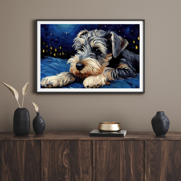 【星降る夜 - シュナウザー犬の子犬 No.1】A2アートポスター 犬の絵 犬の絵画 犬のイラスト 8枚目の画像