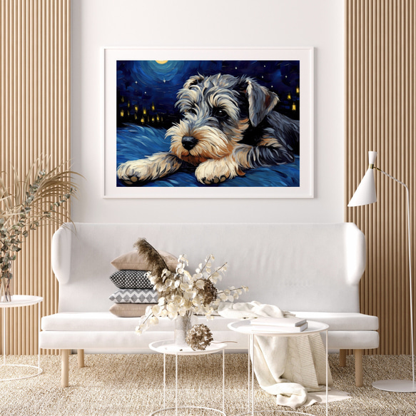 【星降る夜 - シュナウザー犬の子犬 No.1】A2アートポスター 犬の絵 犬の絵画 犬のイラスト 7枚目の画像