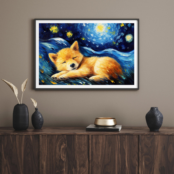 【星降る夜 - 柴犬・豆柴犬の子犬 No.1】A2アートポスター 犬の絵 犬の絵画 犬のイラスト 8枚目の画像