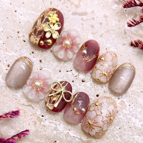 蘇芳色、桜、ぷっくりフラワー/和装/振袖/成人式/振袖/卒業/入学  