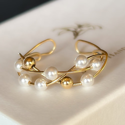 【2024新作❤️】2wayリング/イヤーカフ14kgf Swarovski Pearl×Gold Twist Ring 7枚目の画像