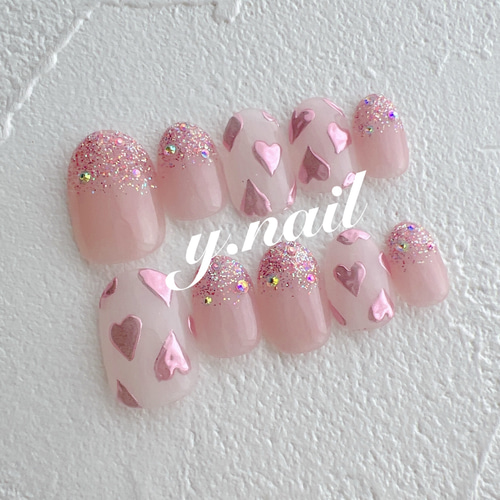 ミラーハートネイル/ハートネイル/バレンタインネイル/ガーリーネイル  