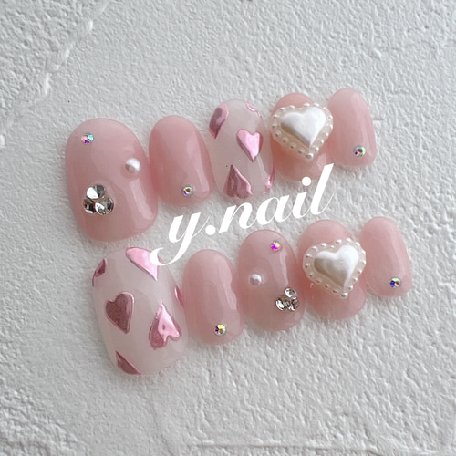 ミラーハートネイル/ハートネイル/バレンタインネイル/ガーリーネイル  